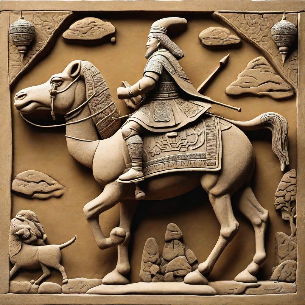  masterpiece, best quality, A fierce Mongolian warrior is riding a camel towards the enemy, made of stone sculpture.