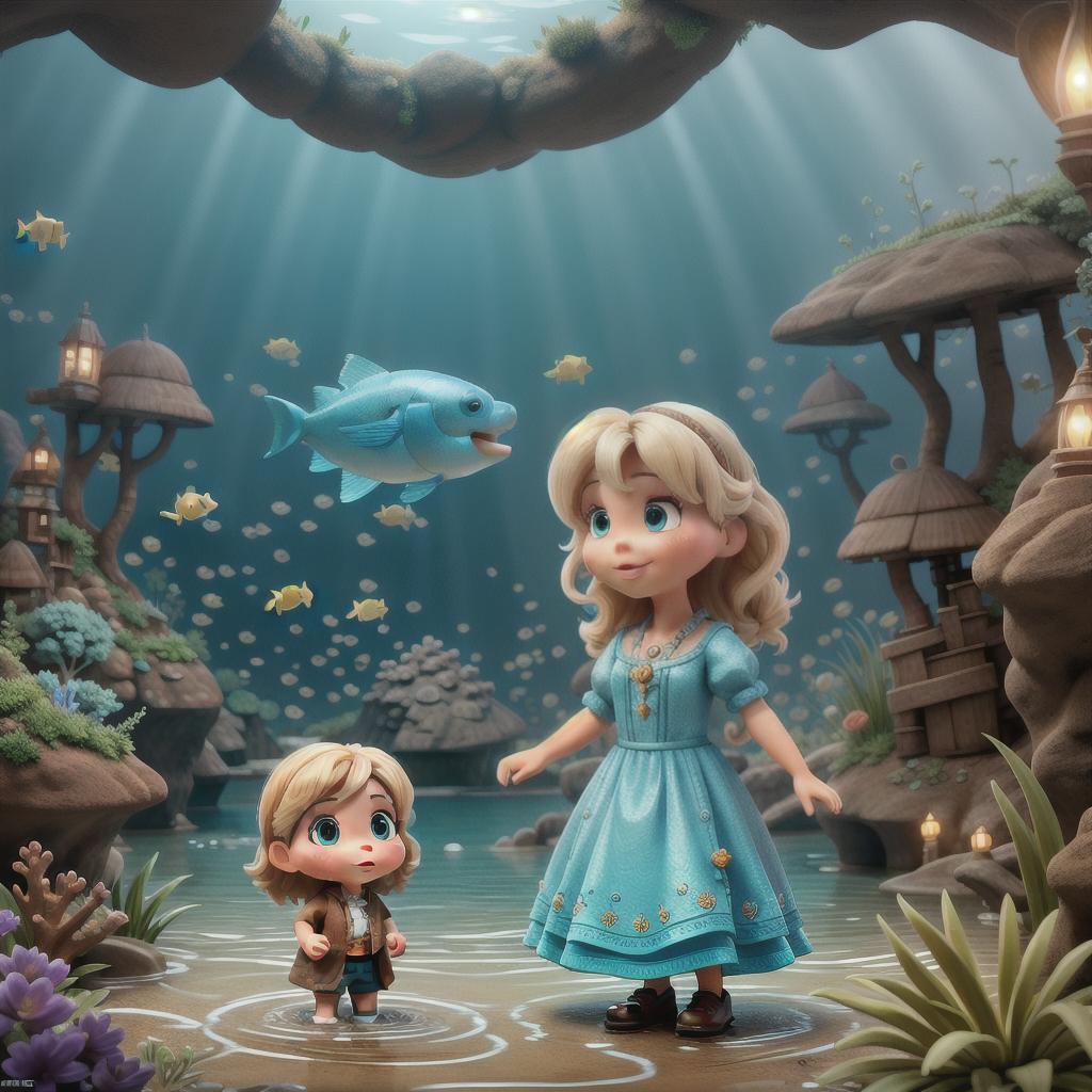  "Image of a curious child and their mother arriving on an island filled with diverse animals, stood in awe and wonder as the island slowly starts to diffuse into an underwater scene full of marine life, all depicted in a cute and child-friendly style."((masterpiece)), best quality, very detailed, high resolution, sharp, sharp image, extremely detailed, 4k, 8k, fairytale hyperrealistic, full body, detailed clothing, highly detailed, cinematic lighting, stunningly beautiful, intricate, sharp focus, f/1. 8, 85mm, (centered image composition), (professionally color graded), ((bright soft diffused light)), volumetric fog, trending on instagram, trending on tumblr, HDR 4K, 8K