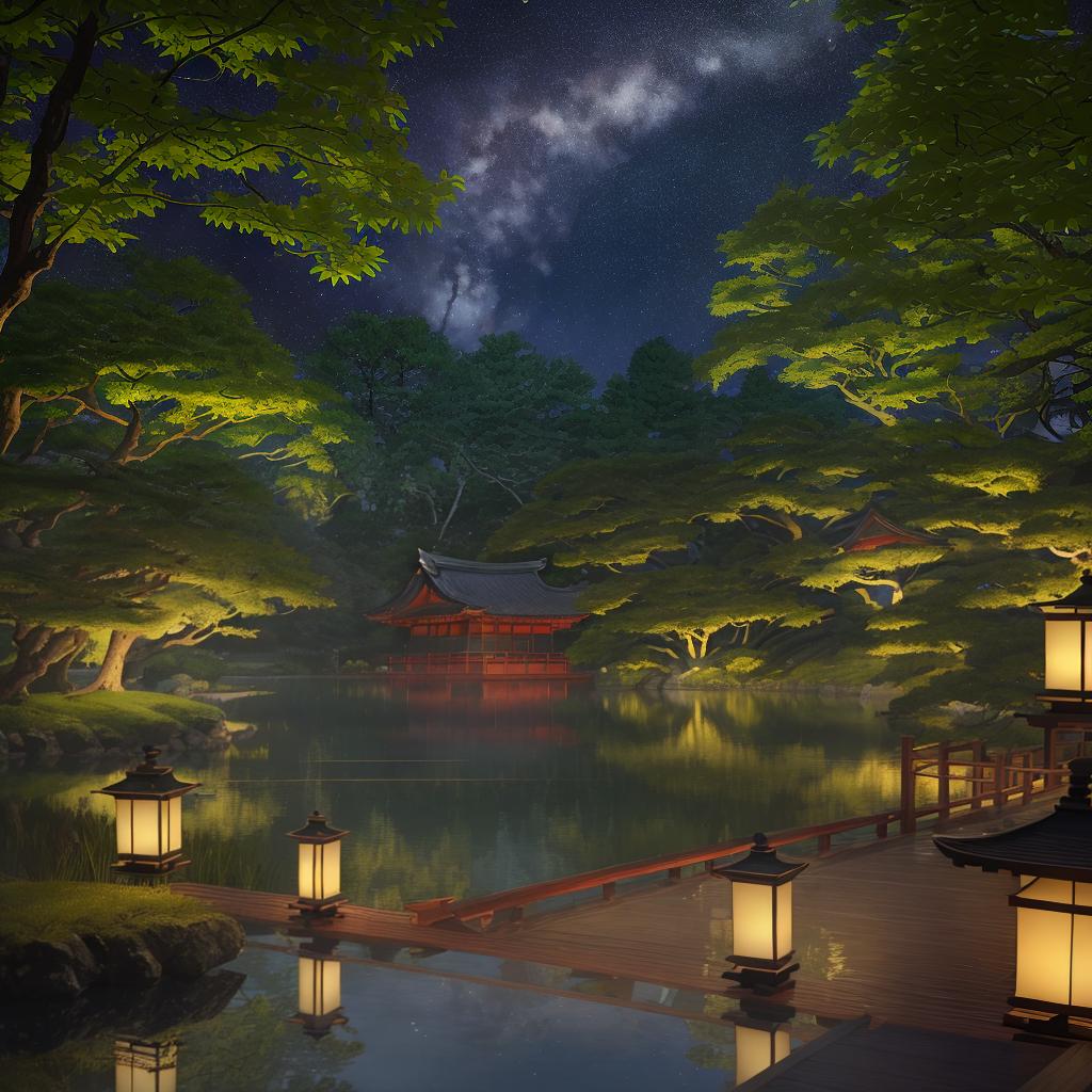  masterpiece, best quality, (Fidelity: 1.4), Best Quality, Masterpiece, Ultra High Resolution, 8k resolution, A night view inspired by Japanese art, featuring a garden illuminated by paper lanterns and a wooden bridge spanning a tranquil lake, by the lakeside, there is a small Zen temple. The water reflects the starry sky.