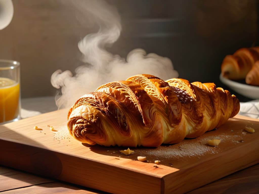  A closeup, photorealistic image of a golden, freshly baked croissant placed on a rustic wooden cutting board. The croissant is perfectly flaky, with steam rising from its warm interior, showcasing its buttery layers. Sunlight filters through a nearby window, casting a soft, warm glow on the pastry, emphasizing its inviting texture and delicious aroma. The background features a blurred kitchen setting with hints of flourdusted countertops and vintage baking tools, enhancing the artisanal and wholesome feel of the image. hyperrealistic, full body, detailed clothing, highly detailed, cinematic lighting, stunningly beautiful, intricate, sharp focus, f/1. 8, 85mm, (centered image composition), (professionally color graded), ((bright soft diffused light)), volumetric fog, trending on instagram, trending on tumblr, HDR 4K, 8K