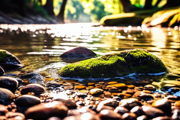  blur background with stones water sunlight leaves tree