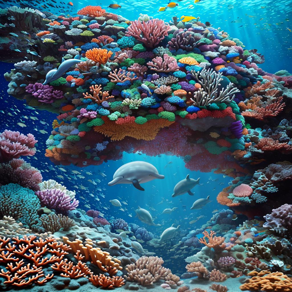  masterpiece, best quality, Most Beautiful in deep sea teeming with vibrant corals, diverse marine life, and enchanting underwater landscapes, full of corals, acrophore, small fishes, anemones, dolphin, various algaes, caves, colorful,all captured in stunning 8k resolution with intricate details.