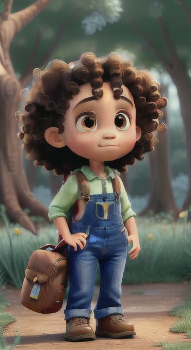  {The tree shining brightly and releasing a gentle, magical light., Riley, a curious with big brown eyes and curly hair, wearing overalls and carrying a small backpack. Their friend, Skye, a bluebird with shiny feathers.