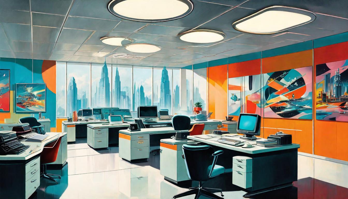  retro futuristic A modern office, stark and sterile, with a bold, colorful painting depicting a gut intuition symbolically at its center. The environment: contradiction, the unexpected amidst conformity, data versus intuition. Aura: creativity stifled, a vibrant call for balance. lvintage sci fi, 50s and 60s style, atomic age, vibrant, highly detailed