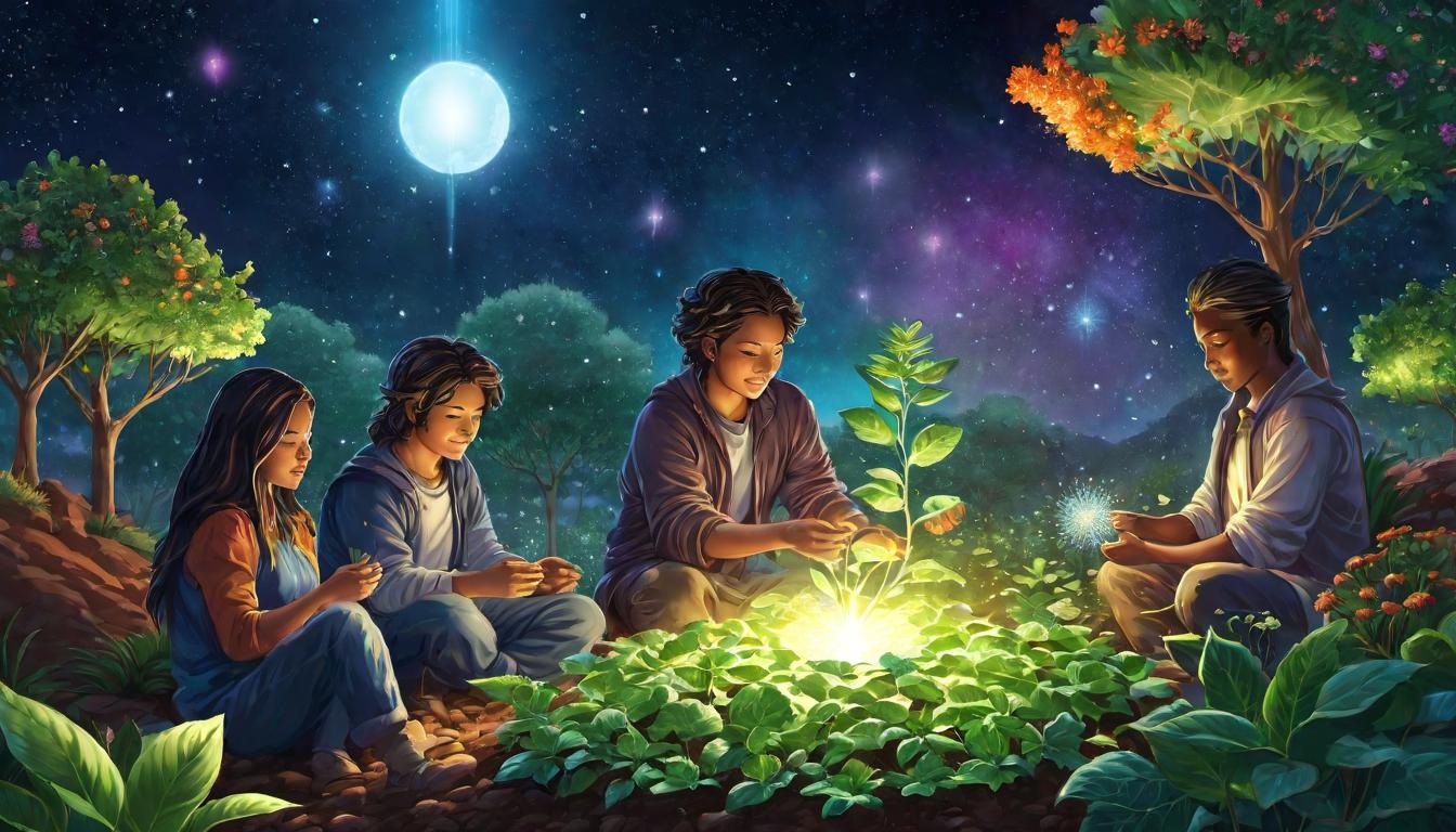  digital illustration, A group of diverse starseeds, glowing with light, surrounding a central figure planting seeds, nurturing, community, support, looking at viewer, dynamic pose, (intricate details, masterpiece, best quality)