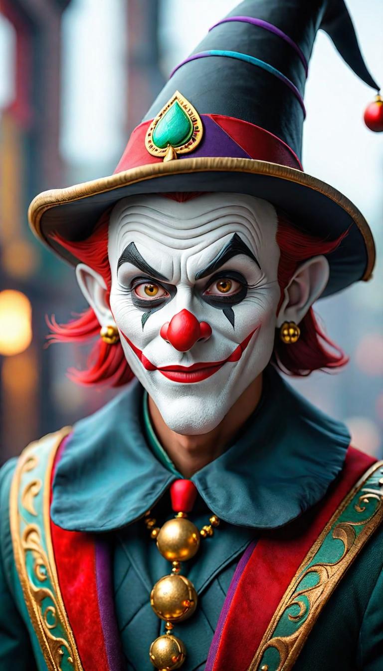  Professional 3D model of a sinister jester in a dark carnival. Dark, mysterious, scary, haunting, dramatic, ornate, detailed. . Rendered with Octane, the model is highly detailed,dramatic lighting. hyperrealistic, full body, detailed clothing, highly detailed, cinematic lighting, stunningly beautiful, intricate, sharp focus, f/1. 8, 85mm, (centered image composition), (professionally color graded), ((bright soft diffused light)), volumetric fog, trending on instagram, trending on tumblr, HDR 4K, 8K