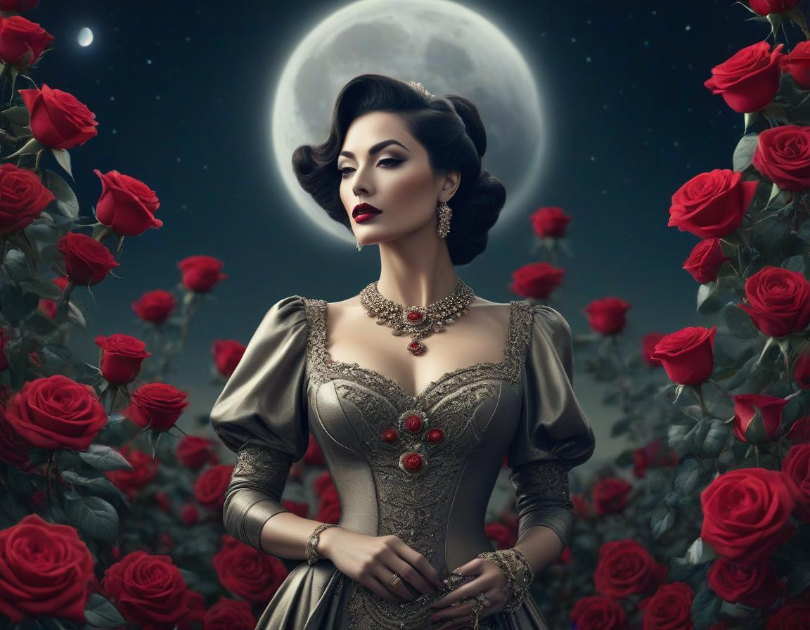  surrealist art An elaborate digital artwork of a woman in vintage attire with roses and a lunar backdrop. . dreamlike, mysterious, provocative, symbolic, intricate, detailed hyperrealistic, full body, detailed clothing, highly detailed, cinematic lighting, stunningly beautiful, intricate, sharp focus, f/1. 8, 85mm, (centered image composition), (professionally color graded), ((bright soft diffused light)), volumetric fog, trending on instagram, trending on tumblr, HDR 4K, 8K