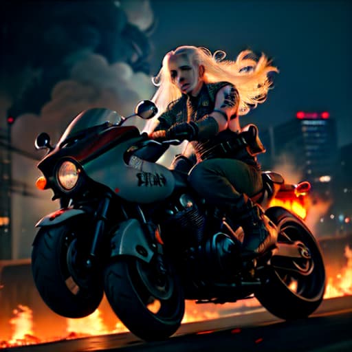  beautiful pretty . body tattoos. hand tattoos. wearing leather. long curly white hair. riding indian motorcycle. city on fire back ground. throw bomb. dirty greasy face. highlights. night. 8k. super resolution. ultra detailed. , Highly defined, highly detailed, sharp focus, (centered image composition), 4K, 8K