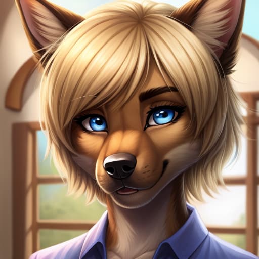  Anthro, Female, German Shepard, blue eyes, blond short hair, open eyes, digital art, masterpiece, 4k, fine details,