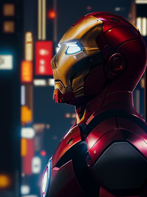  masterpiece, best quality, masterpiece, 8k resolution, realistic, highly detailed, Iron Man close up. He stands on a street lined with tall buildings in a cyberpunk style city at night. The city's night lights are bright, and the surrounding buildings and streets are full of cyberpunk elements such as neon lights, high tech equipment and futuristic architectural design.