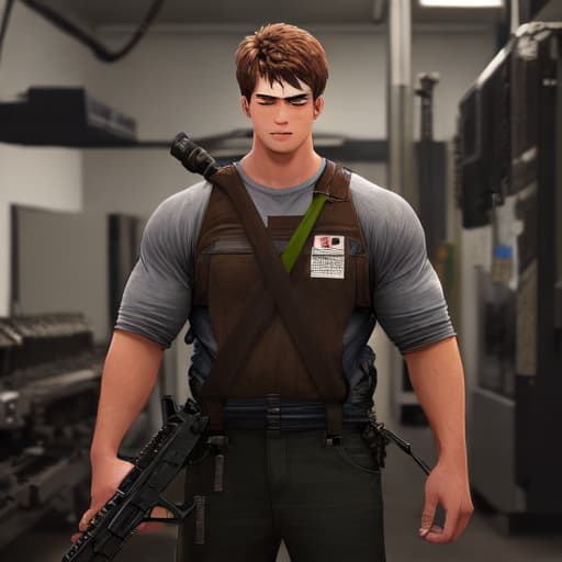  a boy with brown hair six foot tall fairly muscular with a scar across his face welding a ar15