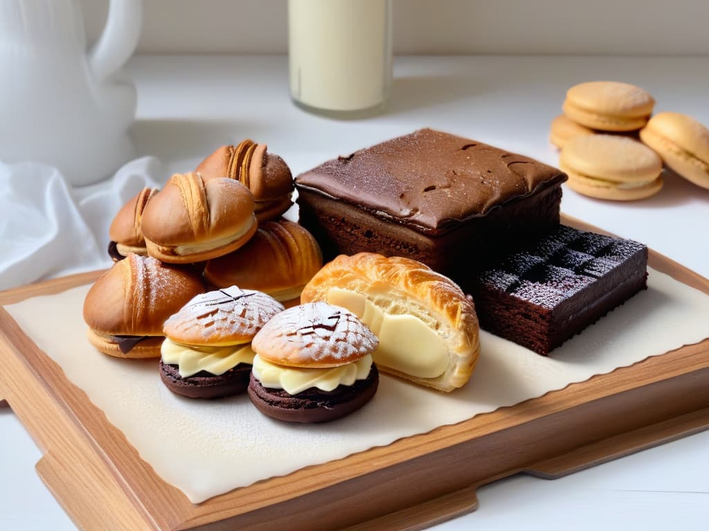  A minimalist, ultradetailed image of a beautifully arranged assortment of freshly baked almond oilinfused pastries, showcasing flaky croissants, decadent brownies, and delicate macarons, all glistening under a soft glaze, with a subtle backdrop of a rustic wooden table and a hint of natural light filtering through a nearby window. hyperrealistic, full body, detailed clothing, highly detailed, cinematic lighting, stunningly beautiful, intricate, sharp focus, f/1. 8, 85mm, (centered image composition), (professionally color graded), ((bright soft diffused light)), volumetric fog, trending on instagram, trending on tumblr, HDR 4K, 8K