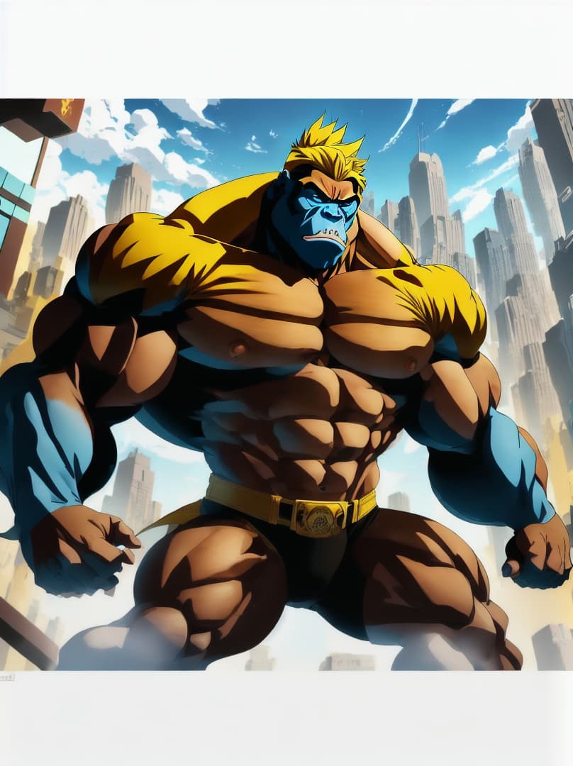  , anime-style illustration of a gorilla with extreme muscular development, in a dynamic pose that captures a 'roid rage'.,RAGE,menacing<lora:chad97qi:0.07655424501345531><lora:yellow-family:0.25172963598036135><lora:octoghibli:0.8723620831649697><lora:ae-t-pagepal:0.23817375049702716> hyperrealistic, full body, detailed clothing, highly detailed, cinematic lighting, stunningly beautiful, intricate, sharp focus, f/1. 8, 85mm, (centered image composition), (professionally color graded), ((bright soft diffused light)), volumetric fog, trending on instagram, trending on tumblr, HDR 4K, 8K