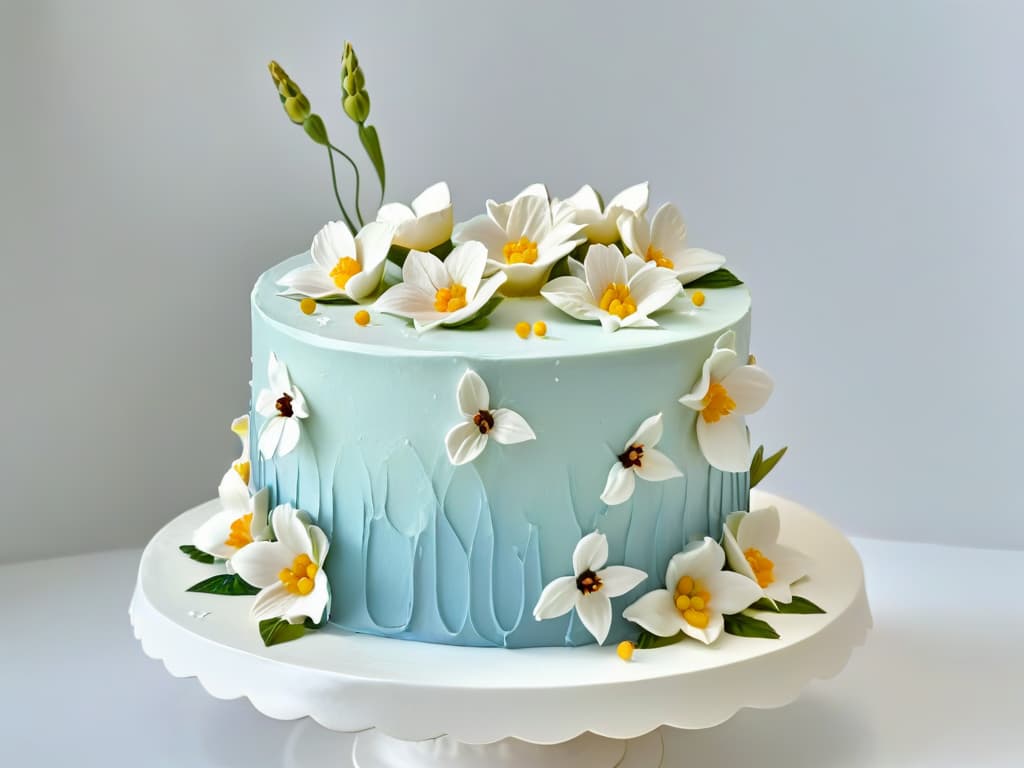  A closeup, ultrahighdefinition image of a sleek, white fondant cake adorned with delicate edible flowers in soft pastel hues. The focus is on the intricate details of the flowers, showcasing their natural beauty against the minimalist backdrop of the cake's smooth surface. Each petal and stamen is sharply defined, creating a visually stunning and elegant composition that perfectly embodies the fusion of minimalism and chic sophistication in pastry decoration. hyperrealistic, full body, detailed clothing, highly detailed, cinematic lighting, stunningly beautiful, intricate, sharp focus, f/1. 8, 85mm, (centered image composition), (professionally color graded), ((bright soft diffused light)), volumetric fog, trending on instagram, trending on tumblr, HDR 4K, 8K