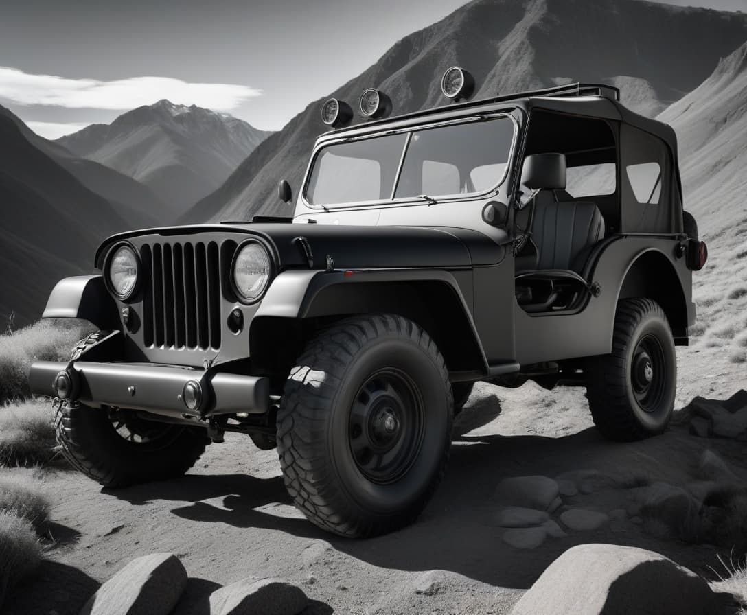  film noir style Jeep in the mountains 4K format . monochrome, high contrast, dramatic shadows, 1940s style, mysterious, cinematic hyperrealistic, full body, detailed clothing, highly detailed, cinematic lighting, stunningly beautiful, intricate, sharp focus, f/1. 8, 85mm, (centered image composition), (professionally color graded), ((bright soft diffused light)), volumetric fog, trending on instagram, trending on tumblr, HDR 4K, 8K