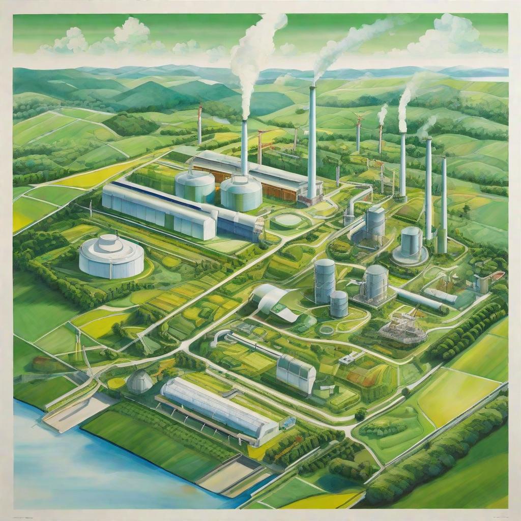  masterpiece, best quality,Draw a poster of green and low-carbon development of the factory, with a sense of science and technology