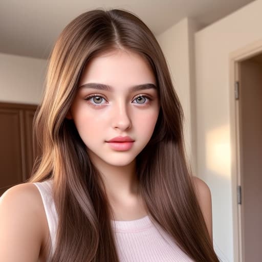  Young adult woman instagram influencer with long brown hair with almond shaped hazel colored eyes with full lips, pretty young model face realistic human cute sharp nose