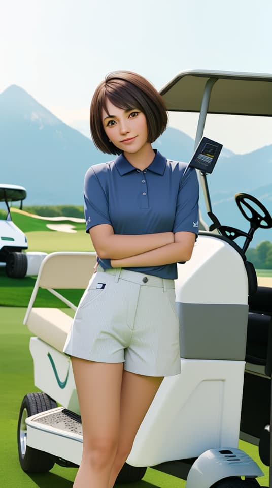   short haired in and shorts, hands crossed, next to golf cart, golf course in the background, mountains in the distance.