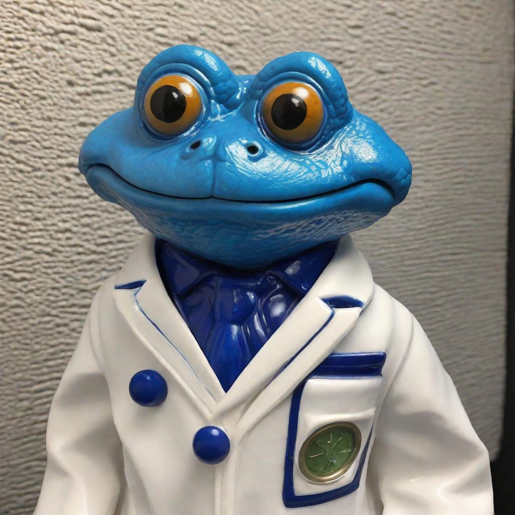  masterpiece, best quality, blue alien toad guy with long cheeks wearing lab coat