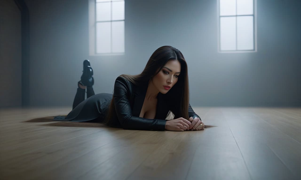  In an empty room, a long haired lies on the floor in her . hyperrealistic, full body, detailed clothing, highly detailed, cinematic lighting, stunningly beautiful, intricate, sharp focus, f/1. 8, 85mm, (centered image composition), (professionally color graded), ((bright soft diffused light)), volumetric fog, trending on instagram, trending on tumblr, HDR 4K, 8K