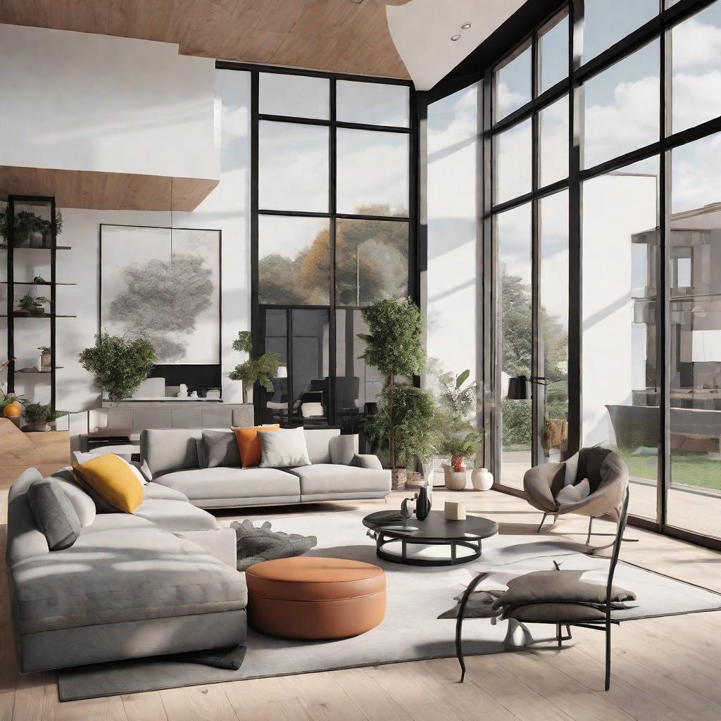  masterpiece, best quality, Best Quality, Masterpiece, 8k resolution,high resolution concept art of an apartment living room with floor to ceiling windows and modern furniture