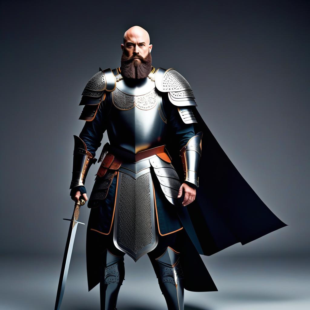  flat papercut style A bald, bearded warrior in knightly armor, without a helmet. . silhouette, clean cuts, paper, sharp edges, minimalist, color block hyperrealistic, full body, detailed clothing, highly detailed, cinematic lighting, stunningly beautiful, intricate, sharp focus, f/1. 8, 85mm, (centered image composition), (professionally color graded), ((bright soft diffused light)), volumetric fog, trending on instagram, trending on tumblr, HDR 4K, 8K