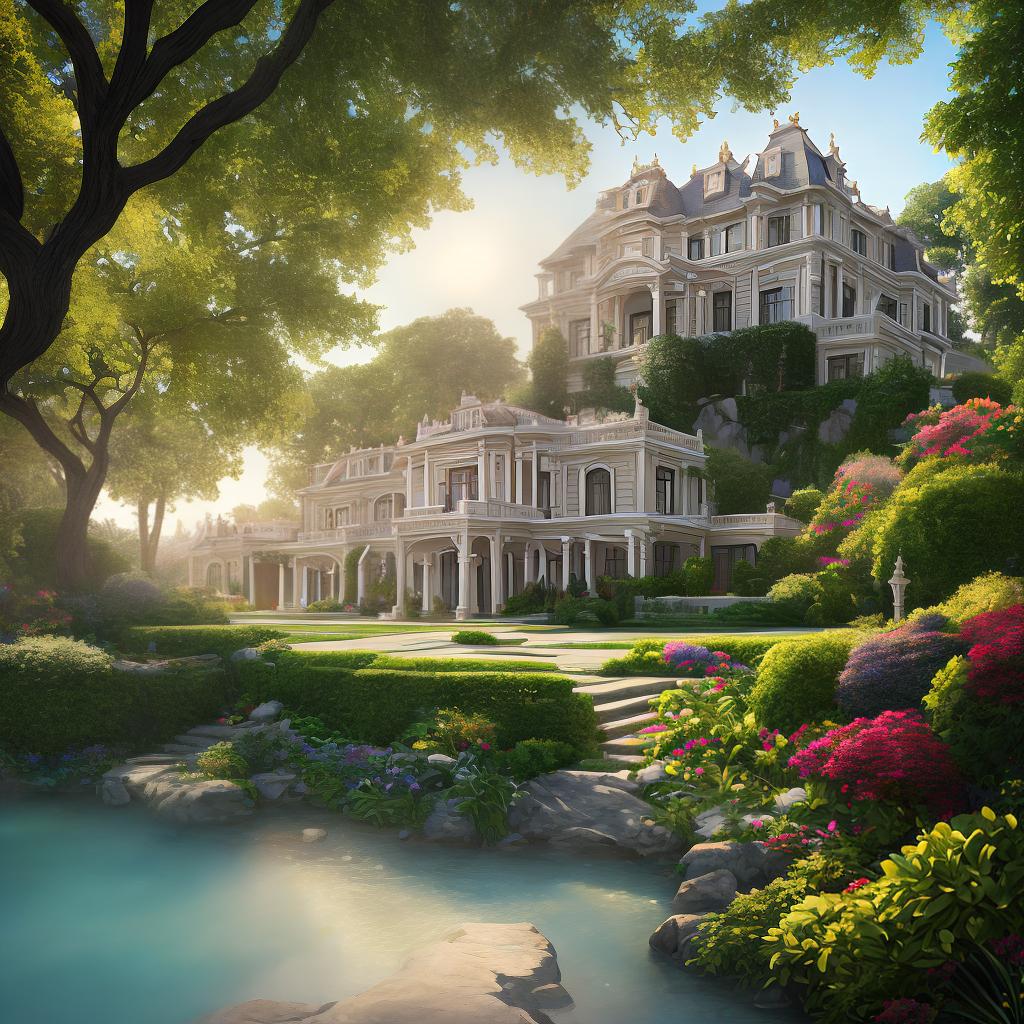  A magnificent masterpiece of a beautiful villa, with the best quality, in 8k resolution, exquisitely detailed. The main subject of the scene is a luxurious mansion surrounded by a lush garden. hyperrealistic, full body, detailed clothing, highly detailed, cinematic lighting, stunningly beautiful, intricate, sharp focus, f/1. 8, 85mm, (centered image composition), (professionally color graded), ((bright soft diffused light)), volumetric fog, trending on instagram, trending on tumblr, HDR 4K, 8K