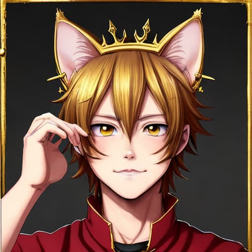  Anime cat boy wearing a gold crown that is dripping dark red paint