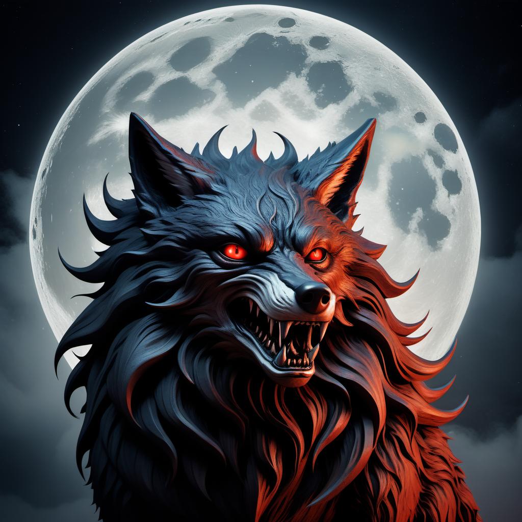  "Logo, detailed Fenrir, a fox-like monster from Scandinavian mythology against a full moon, 4K, horror, brutality, blood"