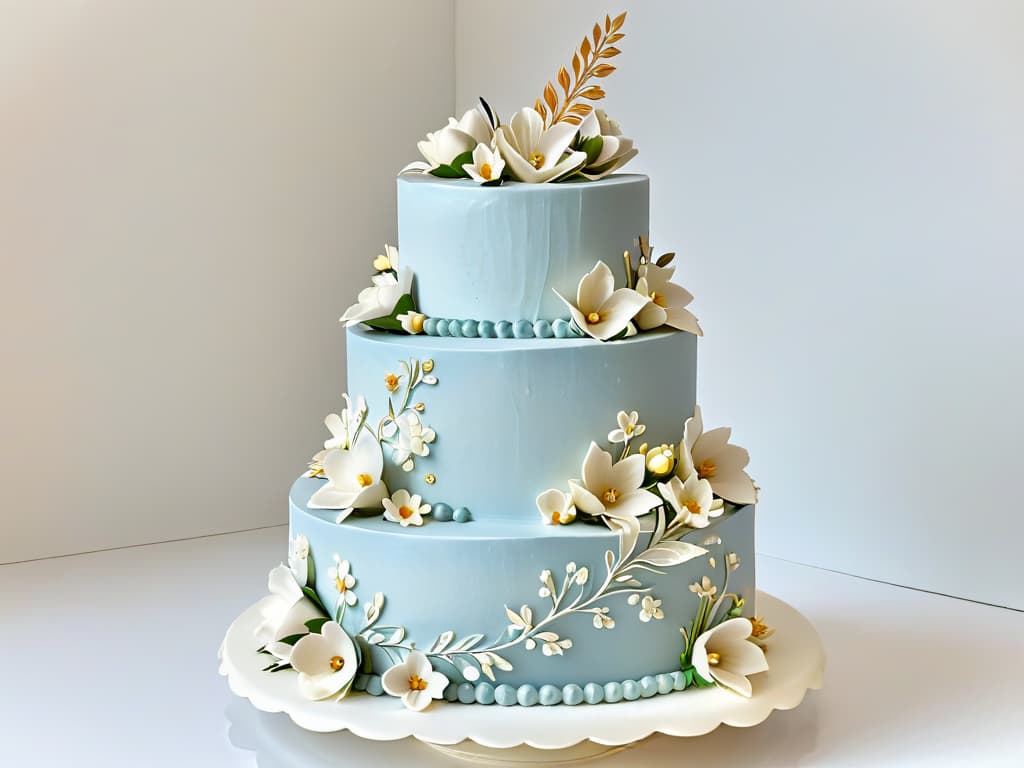  An ultradetailed, minimalist image of a beautifully decorated tiered cake adorned with intricate sugar flowers, delicate piping details, and shimmering edible gold leaf accents, set against a clean white background. The cake is expertly crafted with precision and artistry, showcasing the skill and creativity required to stand out at pastry festivals. hyperrealistic, full body, detailed clothing, highly detailed, cinematic lighting, stunningly beautiful, intricate, sharp focus, f/1. 8, 85mm, (centered image composition), (professionally color graded), ((bright soft diffused light)), volumetric fog, trending on instagram, trending on tumblr, HDR 4K, 8K