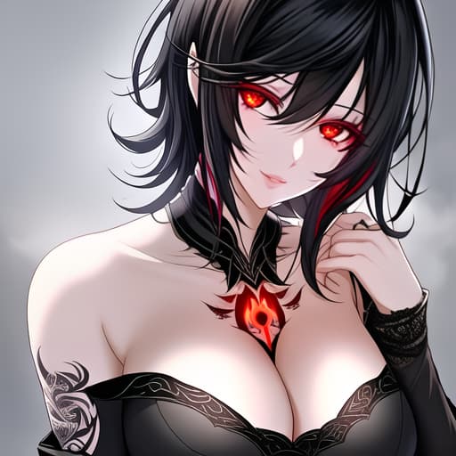  anime girl have short black hair that reaches the back of my neck, and calm, cold brown eyes. The bottom of my eyes is black and red, and my lips are full and blood red. I have pale wheat skin, and I have a tattoo of a wolf on my neck, and tattoos all over my hands and arms.* hyperrealistic, full body, detailed clothing, highly detailed, cinematic lighting, stunningly beautiful, intricate, sharp focus, f/1. 8, 85mm, (centered image composition), (professionally color graded), ((bright soft diffused light)), volumetric fog, trending on instagram, trending on tumblr, HDR 4K, 8K