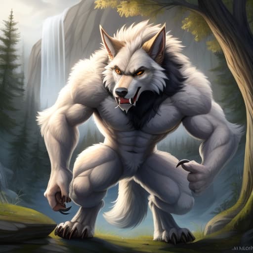  masterpiece, 1:2, werewolf , drawn in full growth, claws, feet claws, fangs, , s, white fur, open eyes, digital art, masterpiece, 4k, fine details,