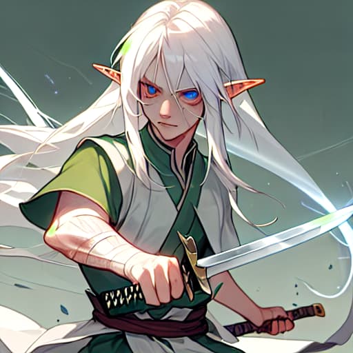  young elf, long white hair, electric swordsman, has a scar on his left eye