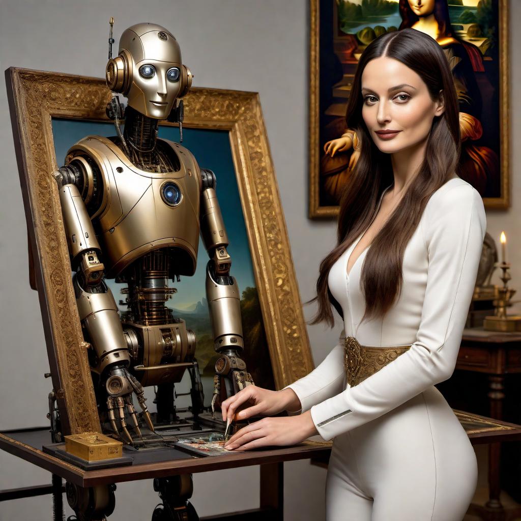  Envision a scene set in a futuristic version of Leonardo da Vinci's workshop, where a sophisticated robot with articulated hands and an array of tools is meticulously painting the portrait of a robot Mona Lisa. The robot painter should bear some resemblance to classic depictions of da Vinci, including a period-accurate wardrobe adapted for a machine, while the robot Mona Lisa mirrors the enigmatic smile and poise of the original, with visible mechanical joints and a metallic sheen to her features. The room is dimly lit by soft, ambient lighting that highlights the intricate details of the robots and the Renaissance-inspired technology surrounding them. The Mona Lisa's frame is ornate, fusing renaissance motifs with cybernetic designs. hyperrealistic, full body, detailed clothing, highly detailed, cinematic lighting, stunningly beautiful, intricate, sharp focus, f/1. 8, 85mm, (centered image composition), (professionally color graded), ((bright soft diffused light)), volumetric fog, trending on instagram, trending on tumblr, HDR 4K, 8K