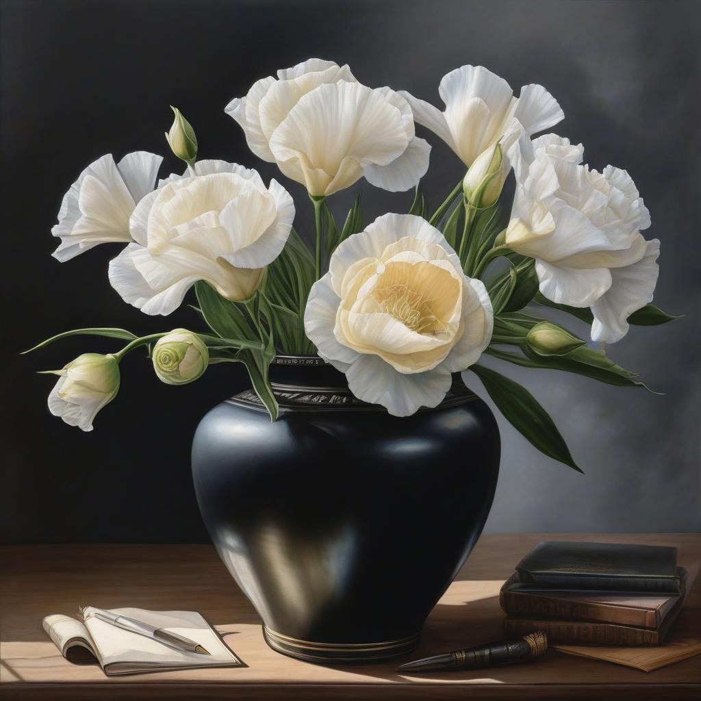  nautical themed Eustoma flowers in a black vase.. watercolor painting. . sea, ocean, ships, maritime, beach, marine life, highly detailed hyperrealistic, full body, detailed clothing, highly detailed, cinematic lighting, stunningly beautiful, intricate, sharp focus, f/1. 8, 85mm, (centered image composition), (professionally color graded), ((bright soft diffused light)), volumetric fog, trending on instagram, trending on tumblr, HDR 4K, 8K