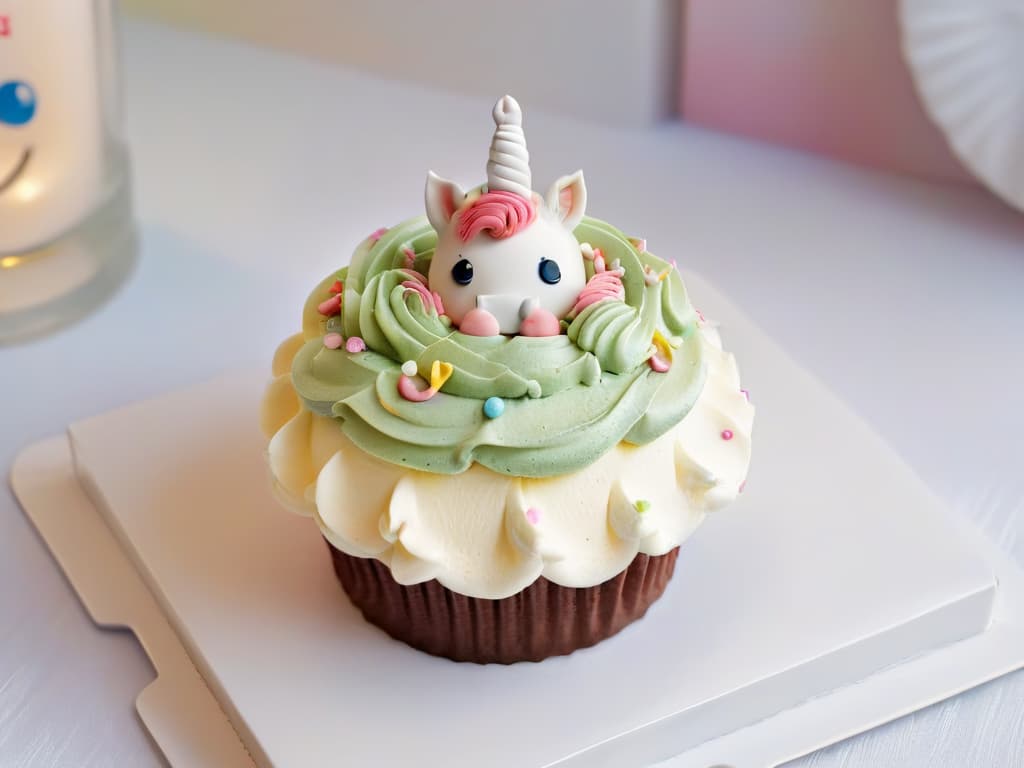  An ultradetailed closeup image of a whimsical, pastelcolored cupcake with vibrant sprinkles and a small fondant unicorn figurine on top. The cupcake is displayed on a simple, white plate against a soft, blurred background, emphasizing the intricate details of the frosting swirls and decorations. hyperrealistic, full body, detailed clothing, highly detailed, cinematic lighting, stunningly beautiful, intricate, sharp focus, f/1. 8, 85mm, (centered image composition), (professionally color graded), ((bright soft diffused light)), volumetric fog, trending on instagram, trending on tumblr, HDR 4K, 8K