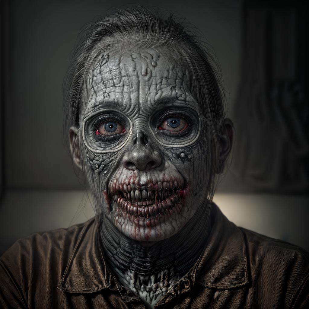  a hyperrealistic portrait of a zombie with decaying skin, sunken eyes, and exposed bones, in the style of a high resolution horror movie makeup, with dark and moody lighting, 1:1 ar 768:768, high resolution, sharp focus, (perfect image composition), ((masterpiece)), (professionally color graded), ((bright soft diffused light))