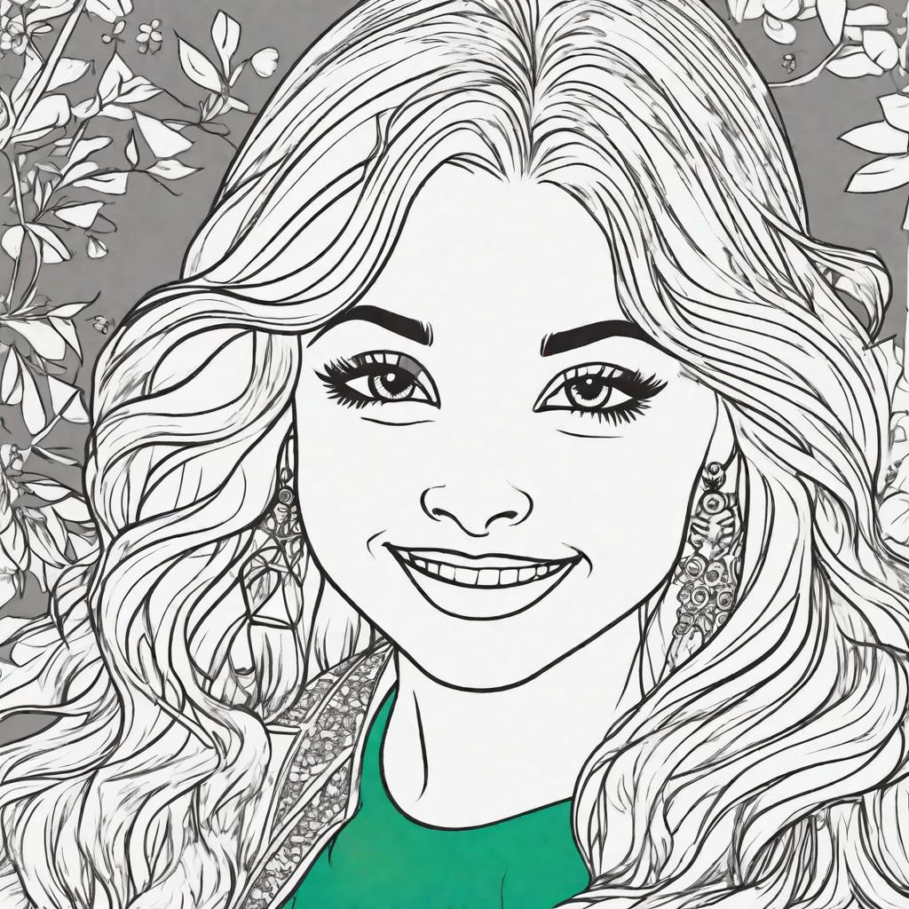  in a coloring book style, A girl with opened hair, a giving a cheerful smile with beautiful eyes and face expression.