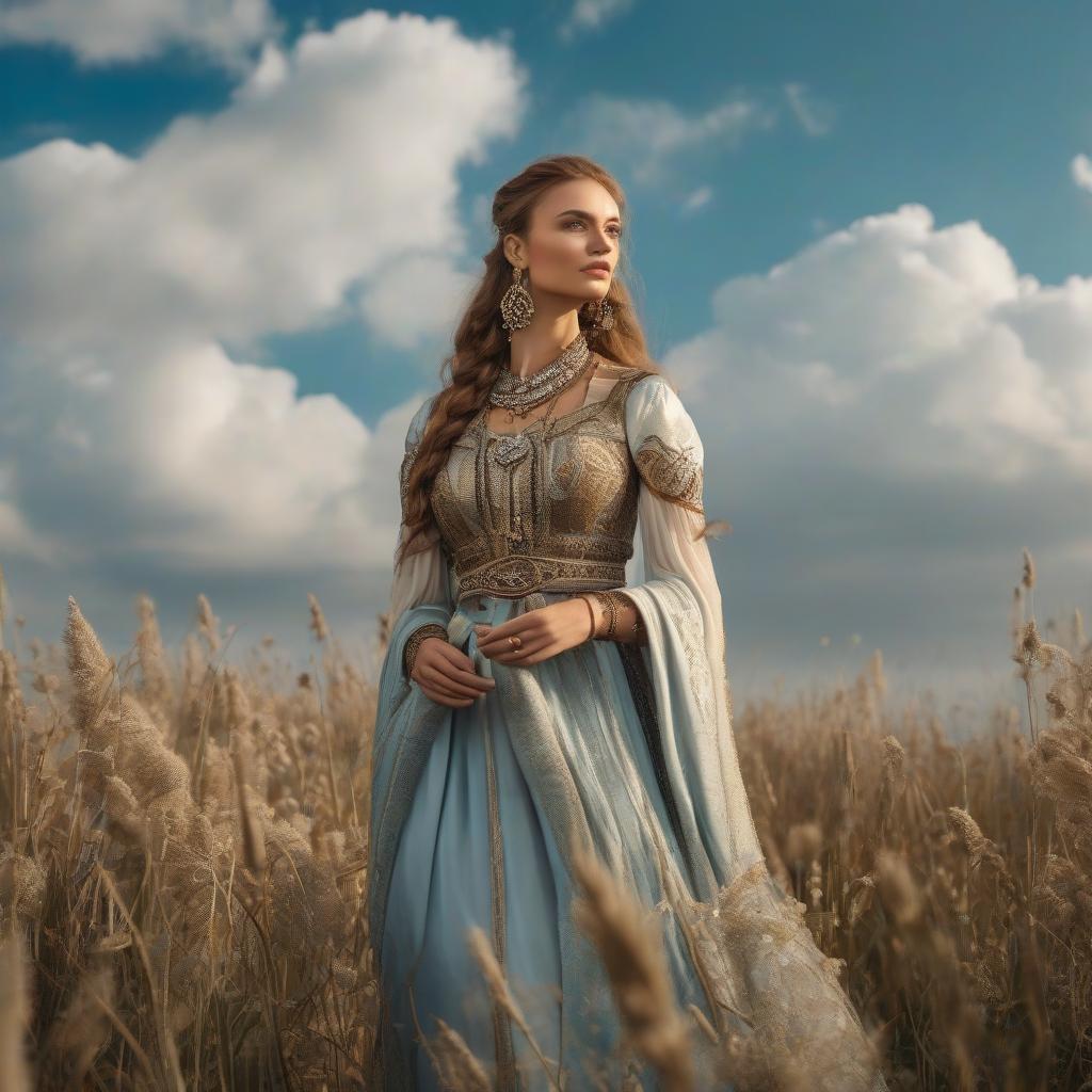  A , pretty, dressed in an ancient Slavic costume, wearing jewelry and earrings, celets in a Slavic style. Against a backdrop of a light blue sky with white clouds. hyperrealistic, full body, detailed clothing, highly detailed, cinematic lighting, stunningly beautiful, intricate, sharp focus, f/1. 8, 85mm, (centered image composition), (professionally color graded), ((bright soft diffused light)), volumetric fog, trending on instagram, trending on tumblr, HDR 4K, 8K