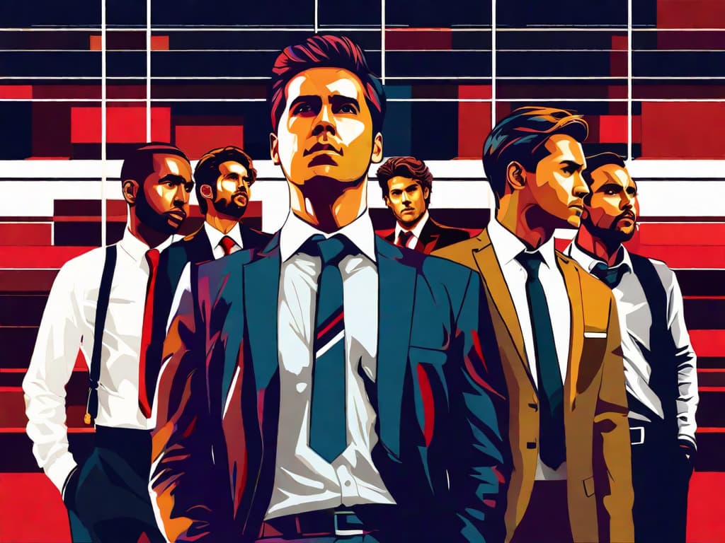  masterpiece, best quality, 3 guys in a queue, each of them all facing forward wearing business outfits with ties and good haircuts. the first guy is not bothered and continues staring forward. The second guy in line points a gun at the person in front. the third guy is at the end of the queue points a gun at the second guy. they all have an emotionless expression