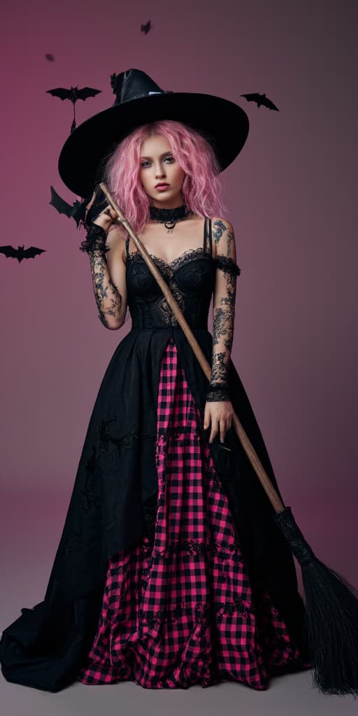  good quality, high quality, a gothpunk witch with a gothpunk hairstyle with pink highlights, coherently detailed perfectly manicured hands, wearing a big halloween themed witch hat, a long goth dress with lace and black and pink checkered pattern, a broom and bats. the background is a gradient