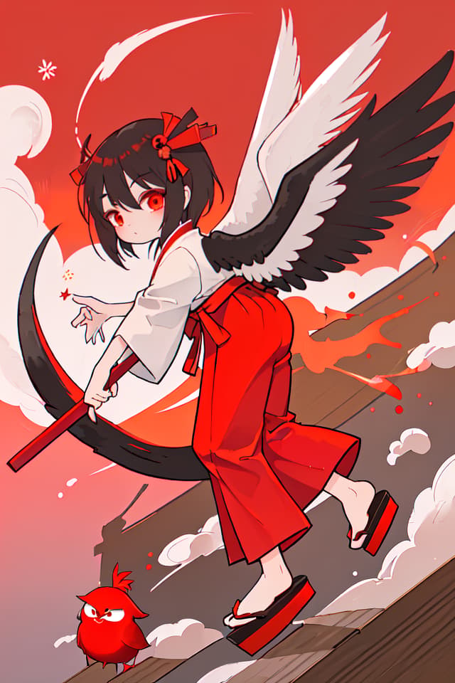  Tengu, wearing a long hem hakama, red tengu wings grow on your back, wearing clogs, fan, little girl