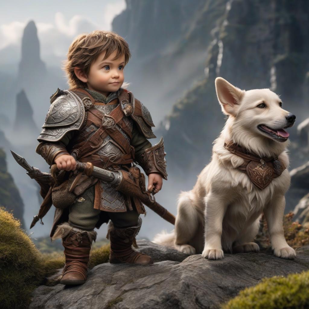  Two halfling warriors, a small dragon on the shoulder of one of the halflings, and a dog nearby. hyperrealistic, full body, detailed clothing, highly detailed, cinematic lighting, stunningly beautiful, intricate, sharp focus, f/1. 8, 85mm, (centered image composition), (professionally color graded), ((bright soft diffused light)), volumetric fog, trending on instagram, trending on tumblr, HDR 4K, 8K