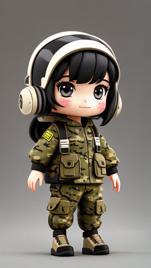  Camouflage full-length portrait machine gun ponytail black hair chibi character girl cute
