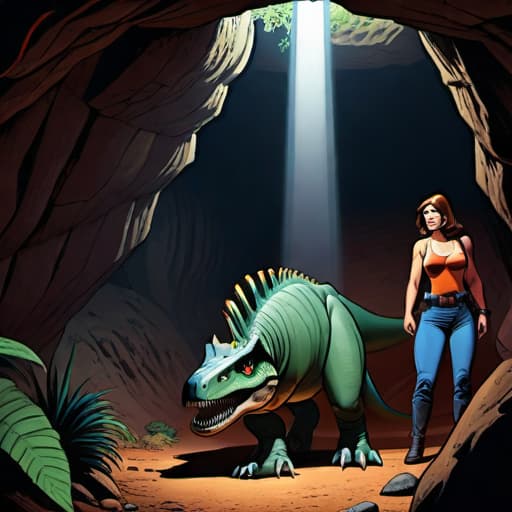  American style (modern) comic about  Mystery City, Mark and Jane hide in a cave and a dinosaur tries to get in. , digital color comicbook style, Mark and Jane are crouched down in a dark cave, peering out towards the entrance.. hyperrealistic, full body, detailed clothing, highly detailed, cinematic lighting, stunningly beautiful, intricate, sharp focus, f/1. 8, 85mm, (centered image composition), (professionally color graded), ((bright soft diffused light)), volumetric fog, trending on instagram, trending on tumblr, HDR 4K, 8K