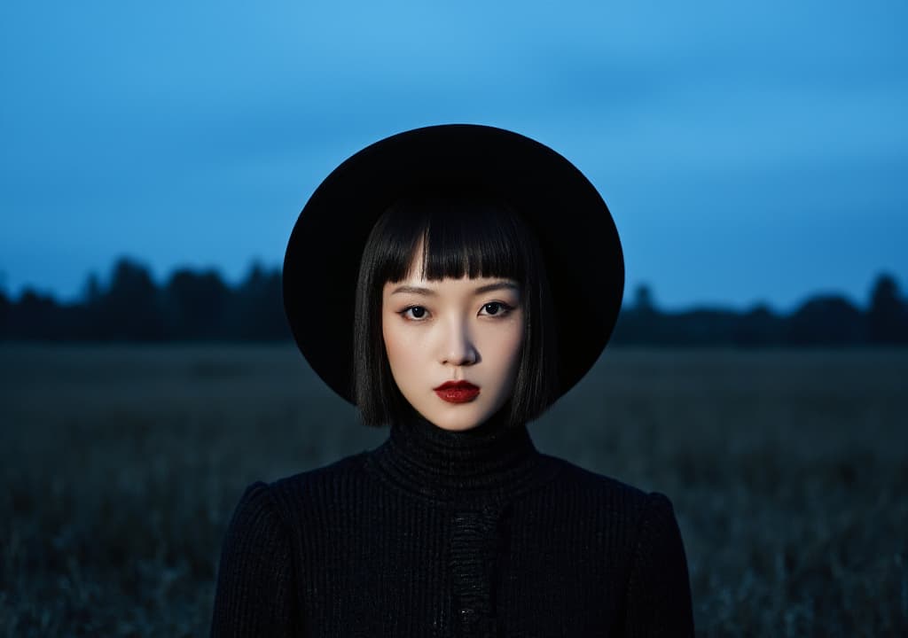  good quality, high quality, [high resolution cinematic fashion editorial, shot on 35mm film], [young east asian female model with pale blue skin tone, straight black bangs framing a delicate face, dark almond shaped eyes emphasized by sharp eyeliner, and glossy red lips], [wearing a large black wide brimmed hat with a textured black high neck dress], [standing in a desolate field of tall grasses under an intense blue sky with silhouettes of distant trees], [eerie, surreal lighting with deep shadows, creating a stark contrast and mysterious mood], [front facing close up pose, directly engaging with the camera], [shot on fujifilm velvia 50], [deep blue, jet black, pale skin palette]