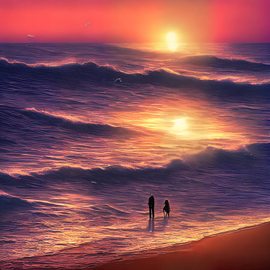  ((masterpiece)), ((best quality)), 8k, high detailed, ultra-detailed. A couple standing on a beach during sunset. The golden sun casts a warm glow on the sand. Waves crash gently against the shore. Seagulls soar in the sky above. The couple holds hands, their silhouettes blending with the colorful sky. The ocean stretches out in the distance, reflecting the vibrant hues of the sunset. hyperrealistic, full body, detailed clothing, highly detailed, cinematic lighting, stunningly beautiful, intricate, sharp focus, f/1. 8, 85mm, (centered image composition), (professionally color graded), ((bright soft diffused light)), volumetric fog, trending on instagram, trending on tumblr, HDR 4K, 8K