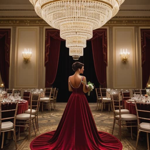  show image (Wearing a stunning red velvet gown, her dark hair swept up in an elegant chignon. Surrounded by her friends and family dressed in formal attire for the special evening. They all stand within the grand ballroom of their sprawling estate with its magnificent crystal chandeliers casting a soft golden glow over everyone.) hyperrealistic, full body, detailed clothing, highly detailed, cinematic lighting, stunningly beautiful, intricate, sharp focus, f/1. 8, 85mm, (centered image composition), (professionally color graded), ((bright soft diffused light)), volumetric fog, trending on instagram, trending on tumblr, HDR 4K, 8K