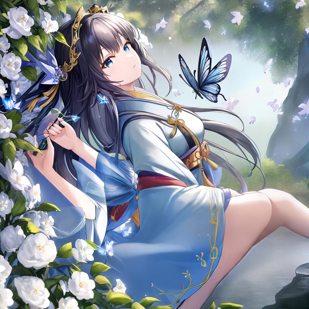  masterpiece, best quality, (fidelity:1.4), best quality, masterpiece, super high resolution, poster, fantasy art, very detailed face, 8k resolution, chinese style, a woman, side profile, quiet, light blue hanfu, tulle coat, long black hair, light blue tassels hair accessory, hair clip, white ribbon, white flower bush, light blue butterfly fly, movie lighting effect
