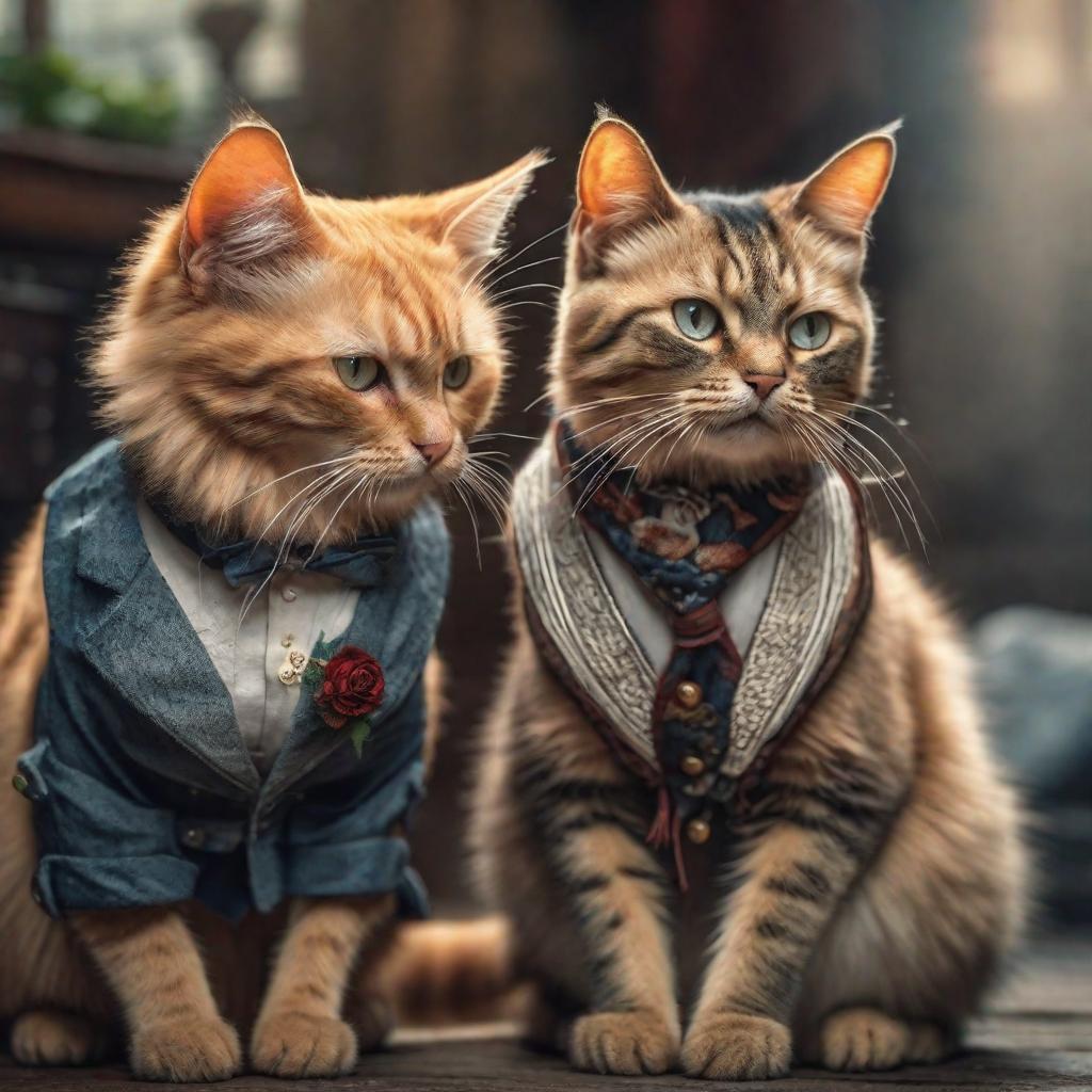  Couple Cute cat fighting hyperrealistic, full body, detailed clothing, highly detailed, cinematic lighting, stunningly beautiful, intricate, sharp focus, f/1. 8, 85mm, (centered image composition), (professionally color graded), ((bright soft diffused light)), volumetric fog, trending on instagram, trending on tumblr, HDR 4K, 8K